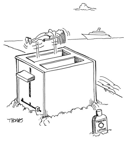 Woman tanning at beach pops out of a giant toaster.