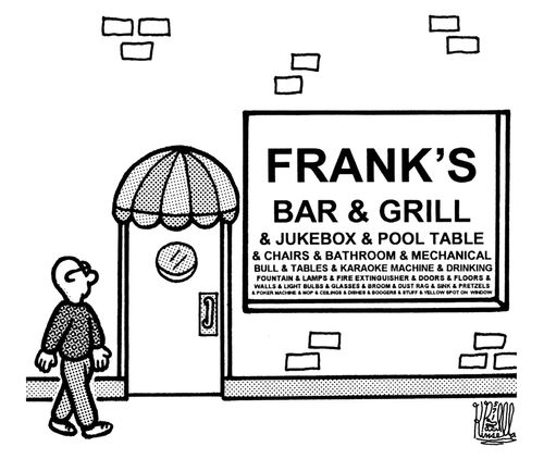 Frank's bar & grill & jukebox & pool table & chairs & bathroom & mechanical bull & tables & karaoke machine & drinking fountain & lamps & fire extinguisher & doors & floors...