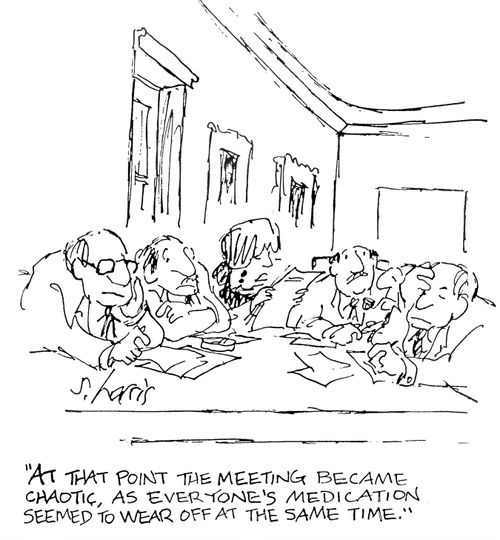'At that point the meeting became chaotic, as everyone's medication seemed to wear off at the same time.'