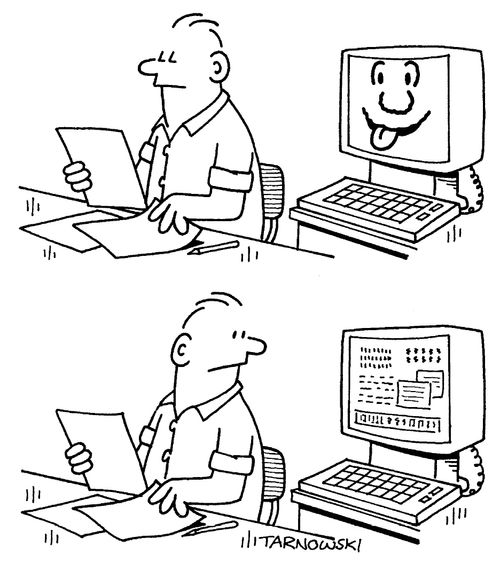 Computer making faces behind owner's back.