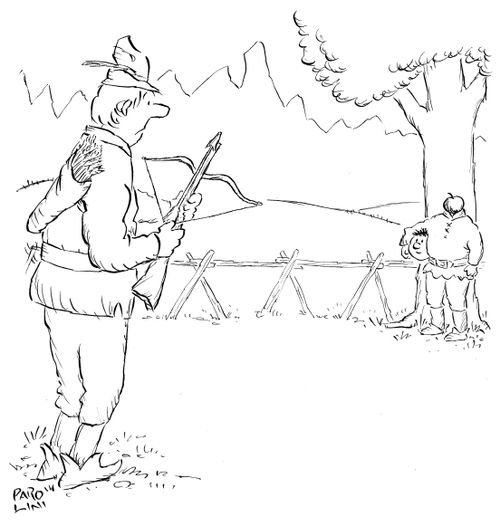 'Robin Hood preparing to fire an arrow at a man with an apple instead of this head.'