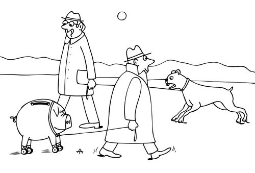 Bankers walking his piggy bank.