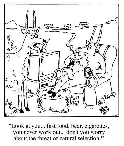 "Look at you... fast food, beer, cigarettes, you never work out....Don't you worry about the threat of natural selection?"