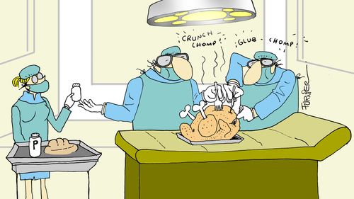 Surgeon carving a chicken/turkey.