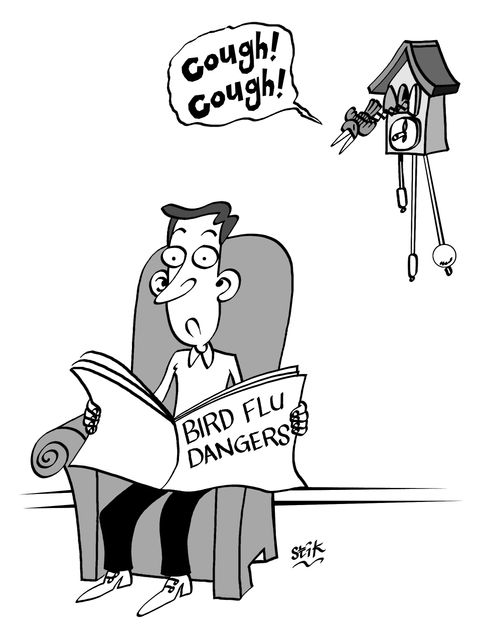 Newspaper articles reads, 'Bird flu dangers' - cuckoo clock coughs in background.
