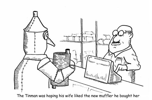 The tinman was hoping his wife liked the new muffler he bought her.