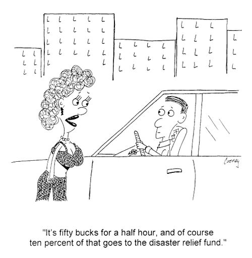 'It's fifty bucks for a half hour, and of course ten percent of that goes to the disaster relief fund.'