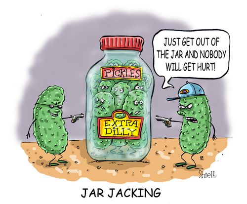 A couple of criminal pickles 'jar jack' a pickle jar. 