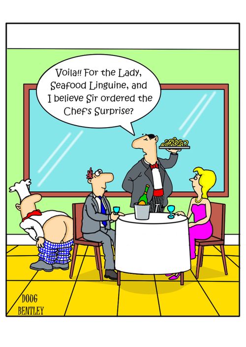 "Voila!! For the Lady, Seafood Linguine, and I believe Sir ordered the Chef's Surprise?"