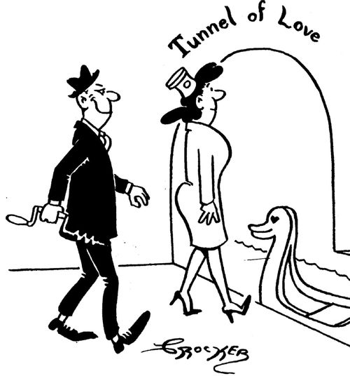 Man and woman entering the tunnel of love, the man has a drill to scupper the boat.