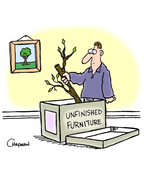 Man must make unfinished furniture from tree limb.