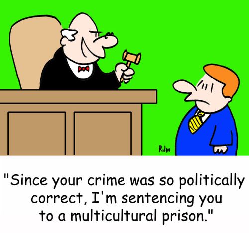 'Since your crime was so politically correct, I'm sentencing you to a multicultural prison.'