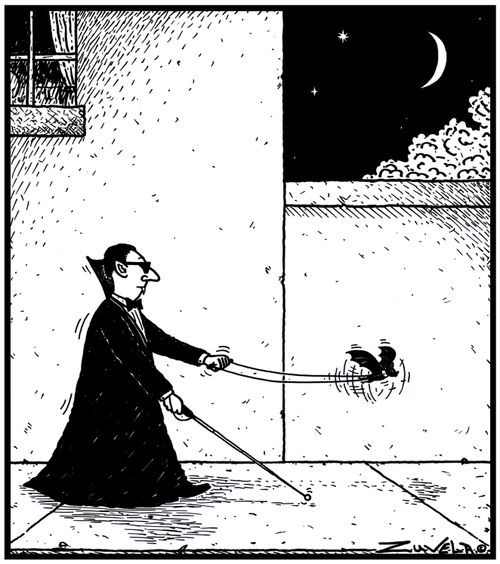 A Blind Vampire using a bat as a guide.