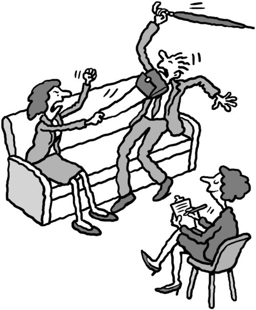 Couple fighting while marriage counsellor takes notes.