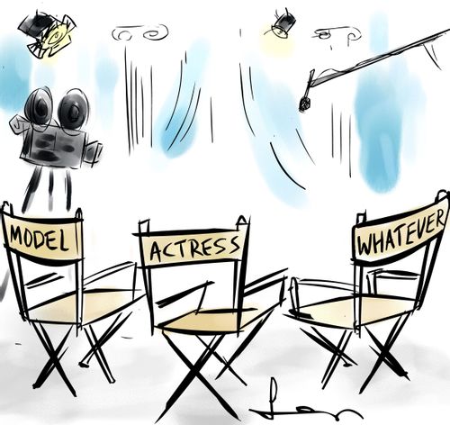 Directors chairs on movie set with Model, Actress, and Whatever on them