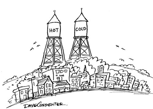 Two water towers, 'HOT, COLD'.