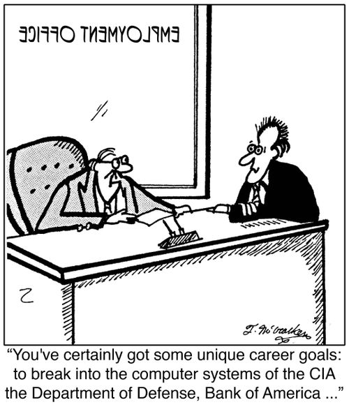 'You've certainly got some unique career goals: to break into the computer systems of the Department of Defense, the CIA, and Bank of America.'