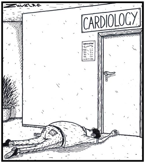 A Man has just died of a Heart attack about to enter a Cardiology centre