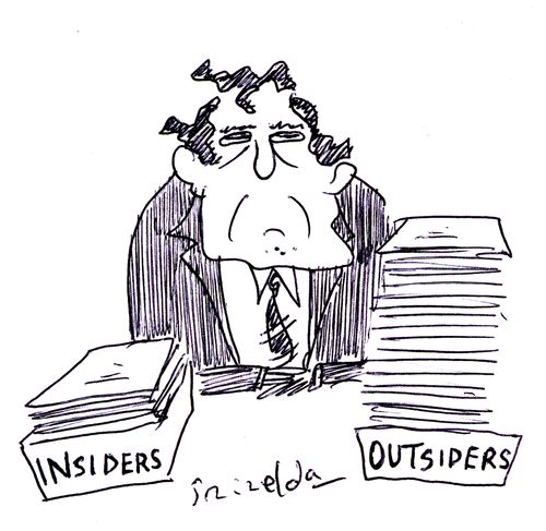 IN-trays 'INSIDERS' and 'OUTSIDERS'.