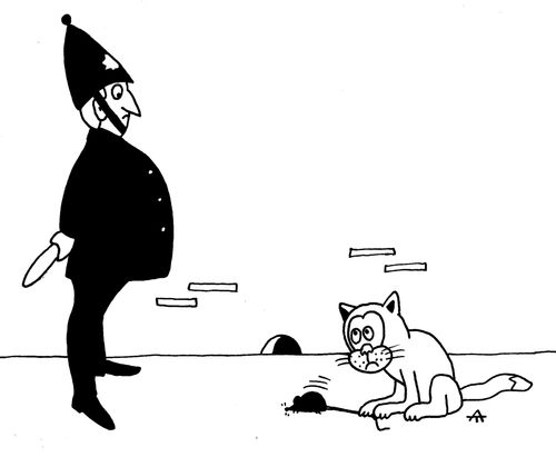 Cat caught by a policeman about to kill a mouse.