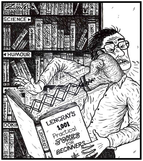 Lengray's 1,001 practical Jokes for beginners (a man getting punched in the face with a mechanical glove).