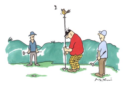 Bird perched on top of a putter.