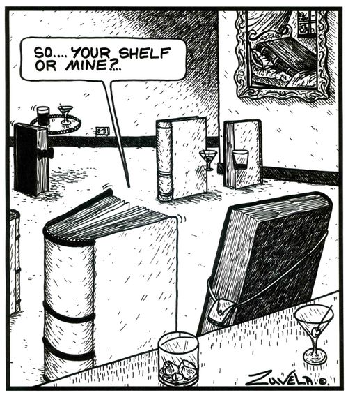 'So...your shelf or mine?...' (a book in a bar trying a pickup line)