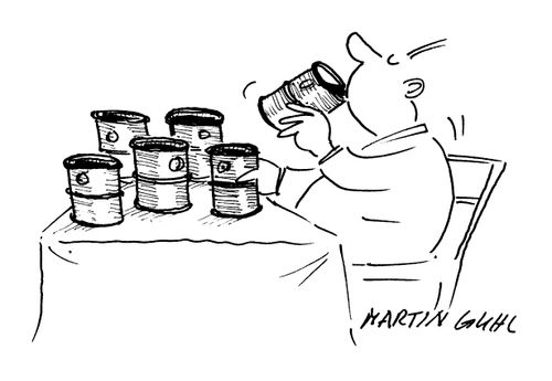 Huge capitalist man gulping down barrels of oil