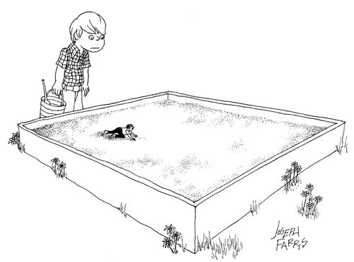 Boy sees miniature man crawling across sandpit.
