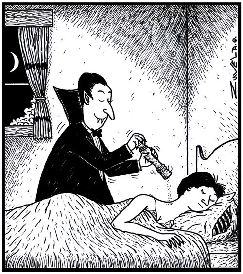 A vampire using ground pepper on his new victim.