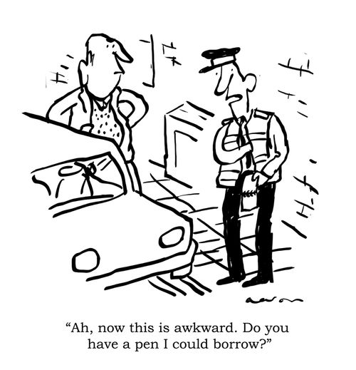'Ah, now this is awkward. Do you have a pen I could borrow?'
