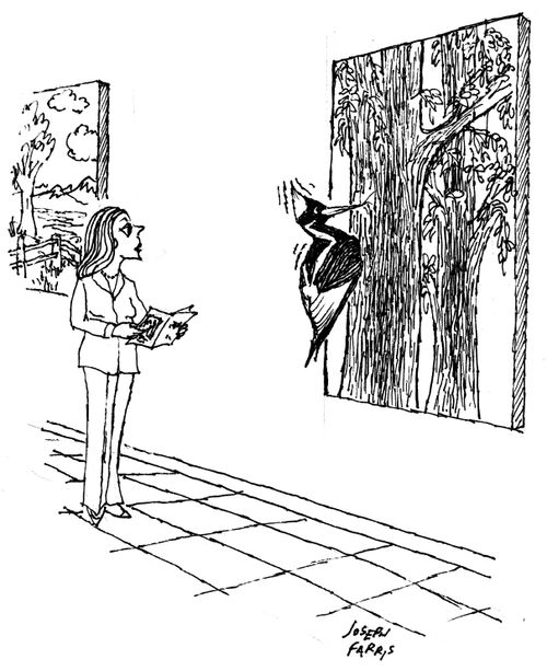 Woodpecker pecking at tree in a painting.