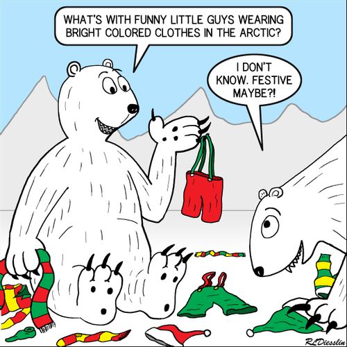 "What's with funny little guys wearing bright colored clothes in the arctic?"