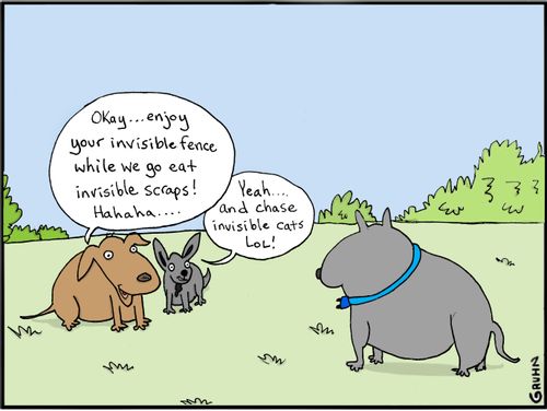"Okay...enjoy your invisible fence while we go eat invisible scraps!...."