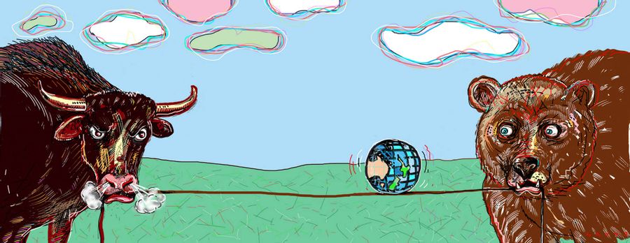 Bull and bear balancing a globe on a rope.