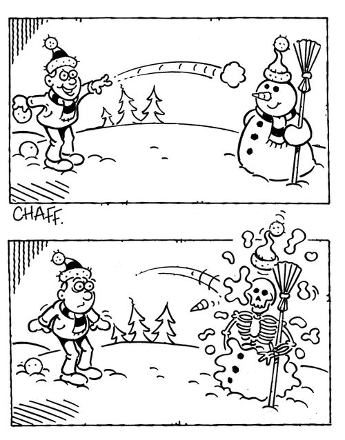 Boy throws snowball at snowman to reveal it has a skeleton inside.