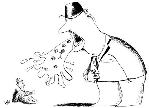 Rich man vomiting euros to a beggar.