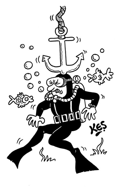 Anchor hits diver on the head.