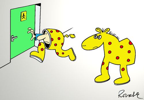 Half of a pantomime horse going to the bathroom.