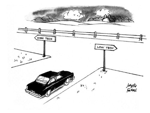Signs left and right read: High tech/low tech.