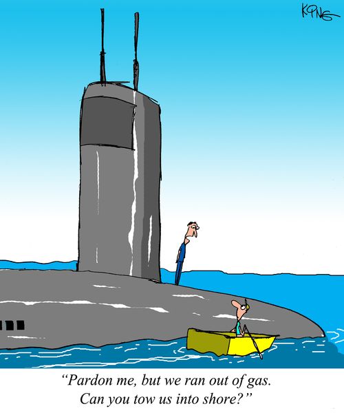 "Pardon me, but we ran out of gas. Can you tow us into shore?"