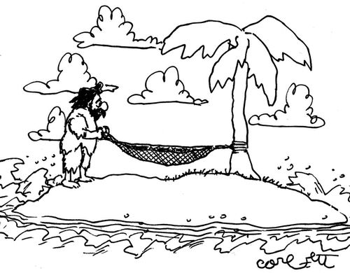 Man on a desert island with only one palm tree making it impossible to hang a hammock.