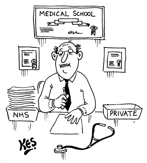 Doctor sits near work boxes labelled; 'NHS' and 'Private'. 