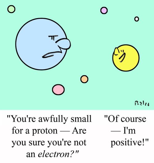 'You're awfully small for a proton - Are you sure you're not an ELECTRON?'