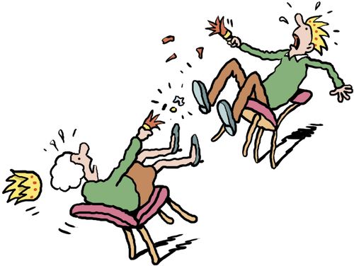 Elderly couple fall backwards as they explode a christmas cracker.
