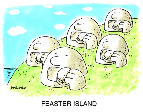 Stone figures of burger eaters on island - Feaster Island.