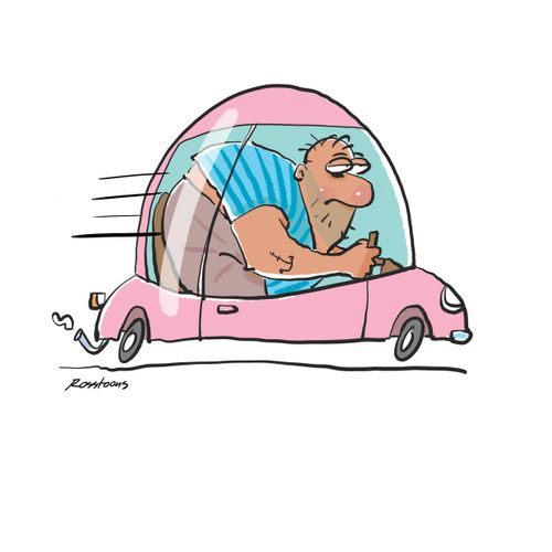 Man drives small car.