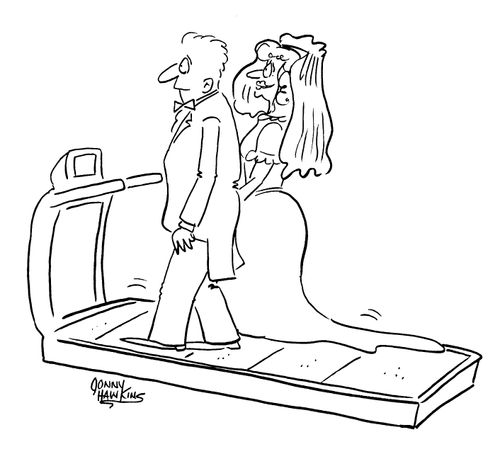 Bride and Groom walking down exercise machine