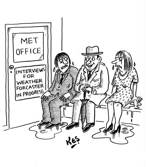 Three people wait to be interviewed for the job of weather forcaster, only one of them realised that it might rain and brought an umberella.