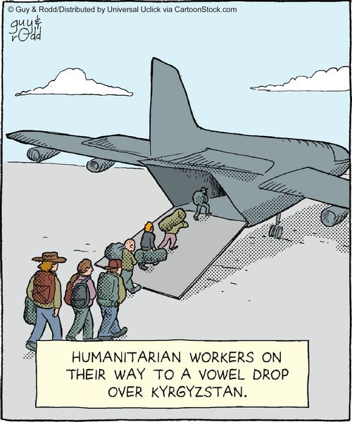 Humanitarian workers on their way to a vowel drop over Kyrgyzstan.